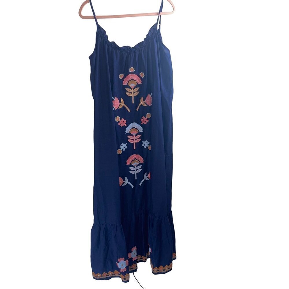 Anthropologie Womens Dress Size Large Blue Malika Maxi Applique Embroidered